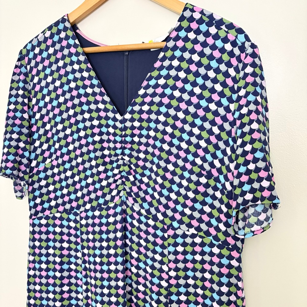 Boden Jemima Dress 14R Navy‎ Blue Multicolor Scallop Print V-Neck Ruched - Picture 5 of 13